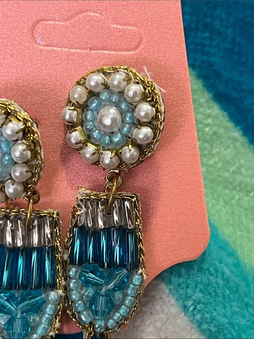 Hand Crafted Teal and White Beaded Champagne Glass Drop Earrings - Picture 2 of 6